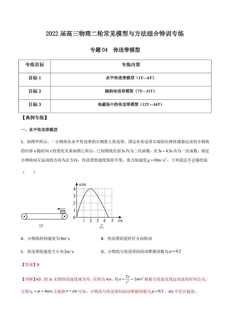 2022 届高三物理二轮常见模型与方法综合特训专练专题04 传送带模型01