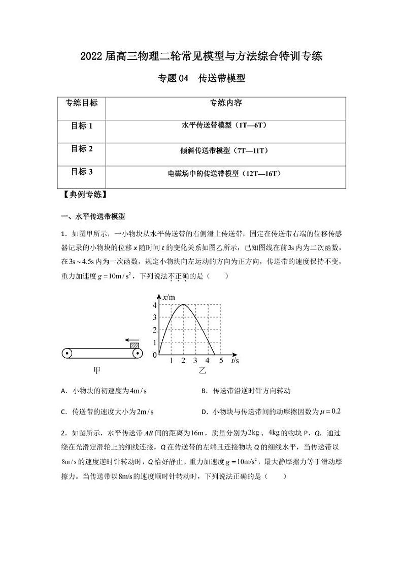 2022 届高三物理二轮常见模型与方法综合特训专练专题04 传送带模型01
