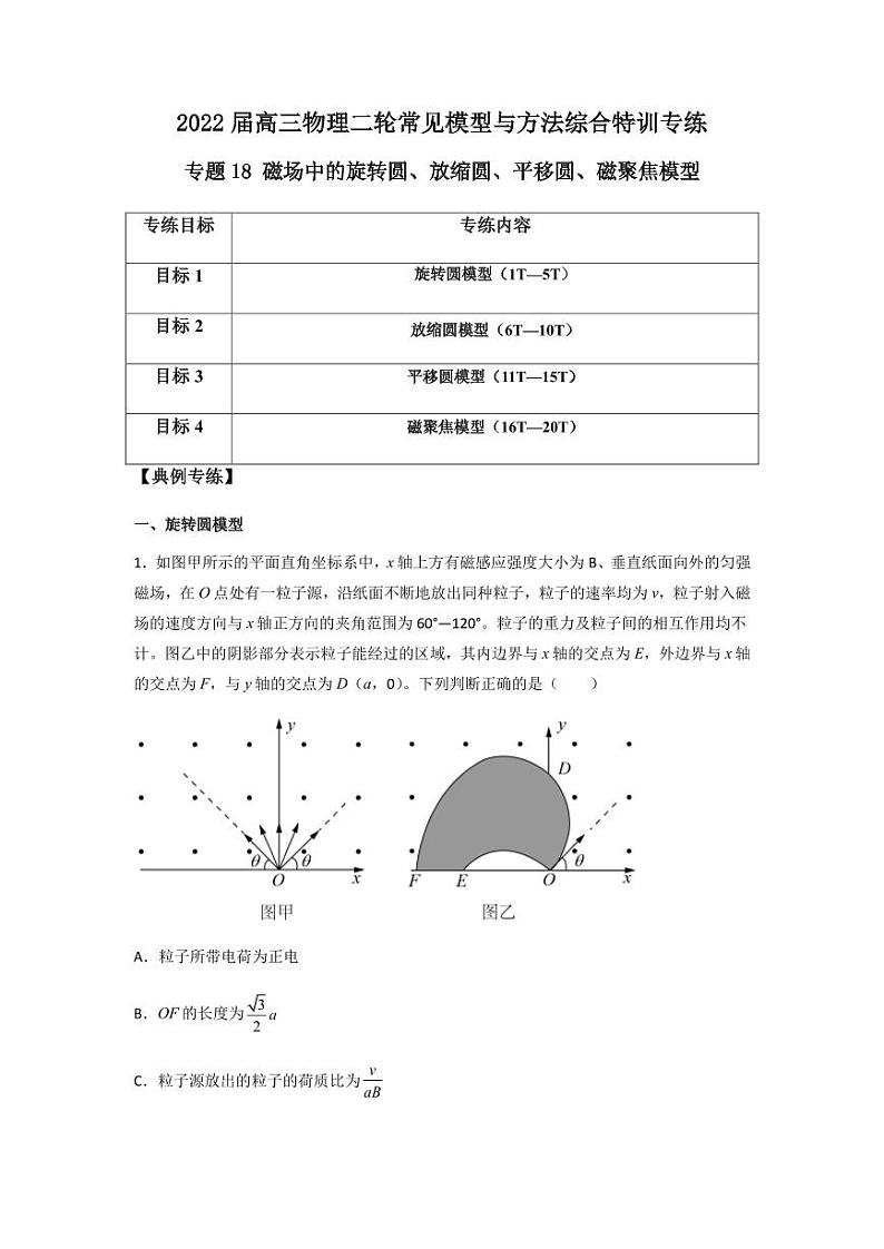 2022 届高三物理二轮常见模型与方法综合特训专练专题18 磁场中的旋转圆、放缩圆、平移圆、磁聚焦模型01