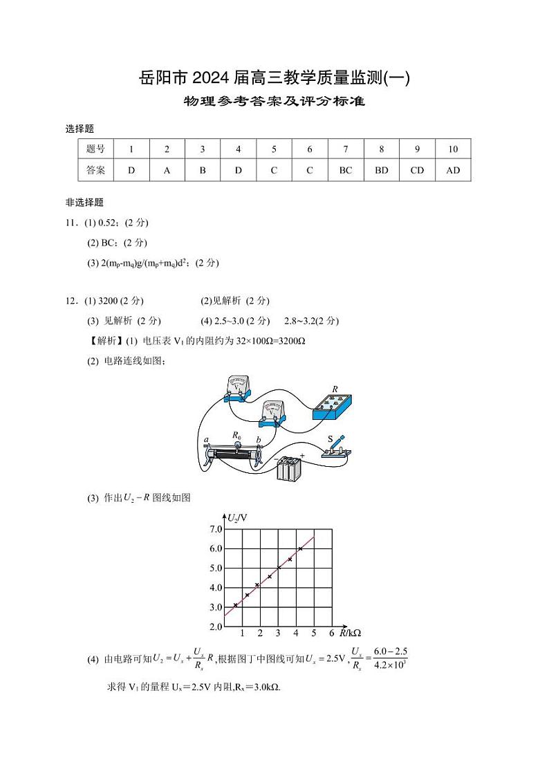 高三物理一模参考答案第1页
