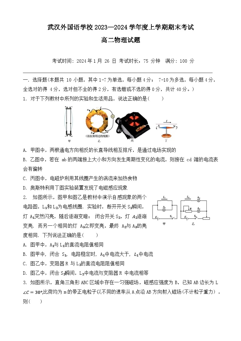 湖北省武汉外国语学校2023-2024学年高二上学期期末考试物理试题（Word版附答案）01