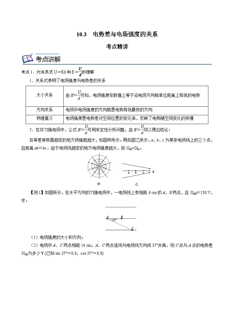 （2019人教版必修第三冊）高二物理精講精練 10.3  電勢差與電場強(qiáng)度的關(guān)系（原卷版+解析）第1頁