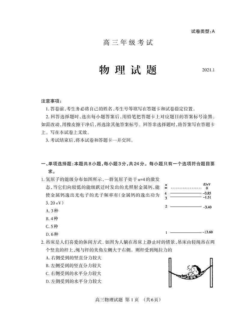 山东省泰安市2021届高三上学期期末考试物理试题(可编辑PDF版)第1页