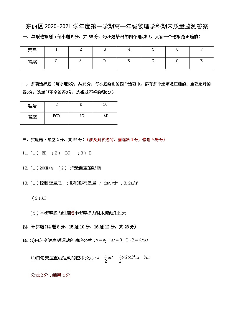 天津市东丽区2020-2021学年高一上学期期末考试物理试题01