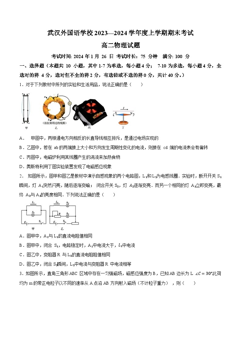 湖北省武汉外国语学校2023-2024学年高二上学期期末考试物理试题01