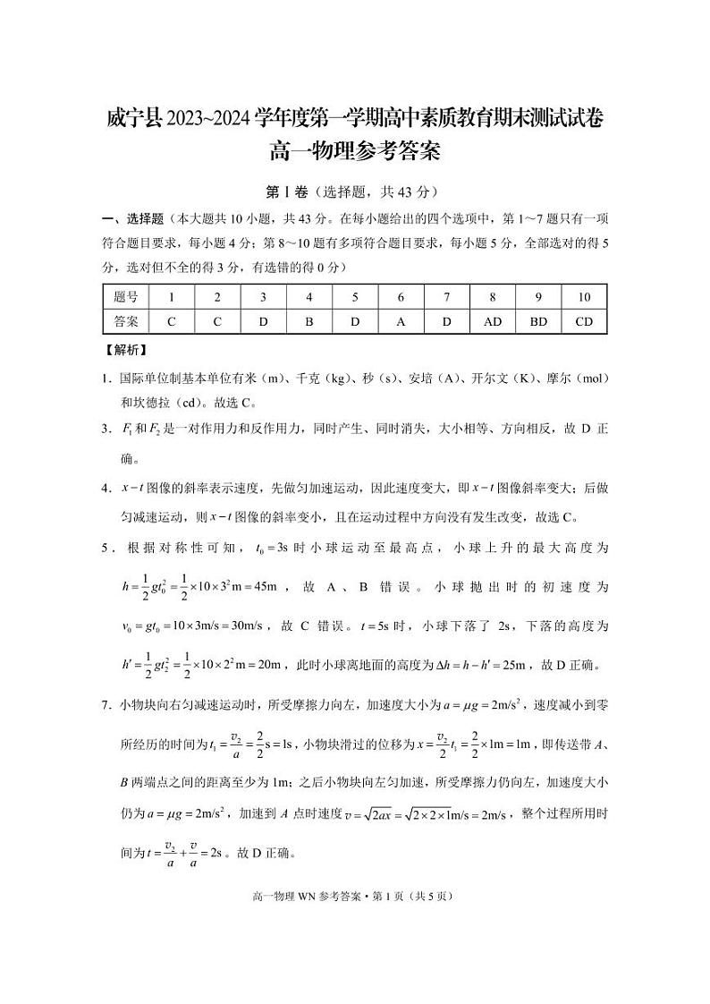 威宁县2023~2024学年度第一学期高中素质教育期末测试试卷高一物理-答案第1页