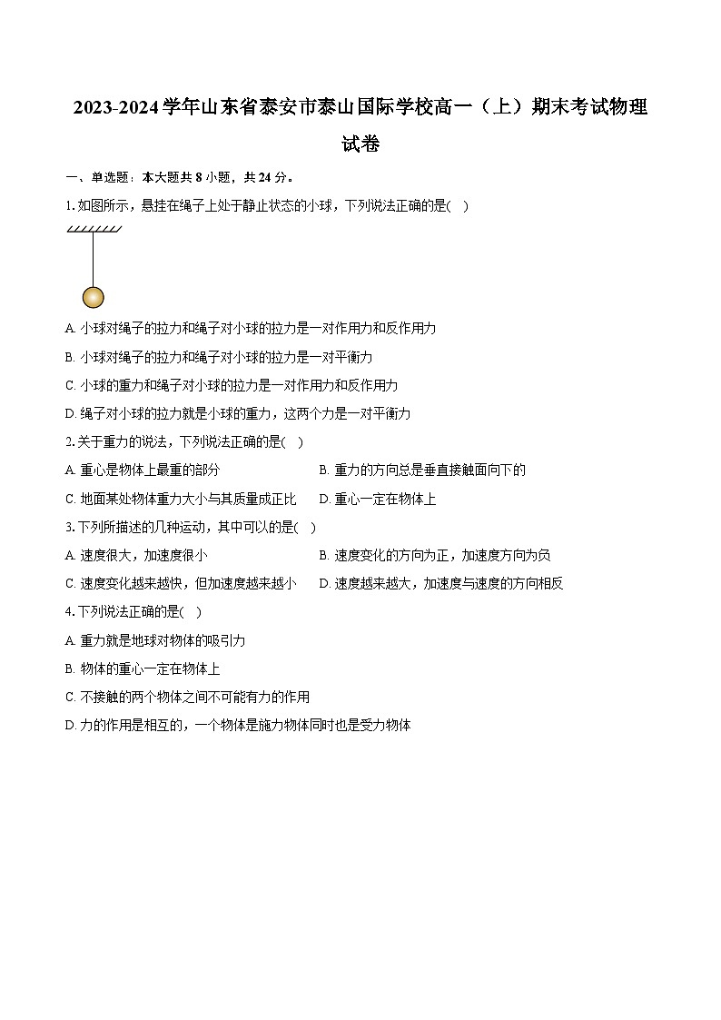 2023-2024学年山东省泰安市泰山国际学校高一(上)期末考试物理试卷(含解析)01