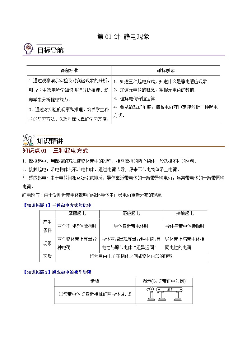 2023-2024学年高二物理同步精品讲义(粤教版2019必修第三册) 第01讲 静电现象(原卷版+解析+解析)第1页