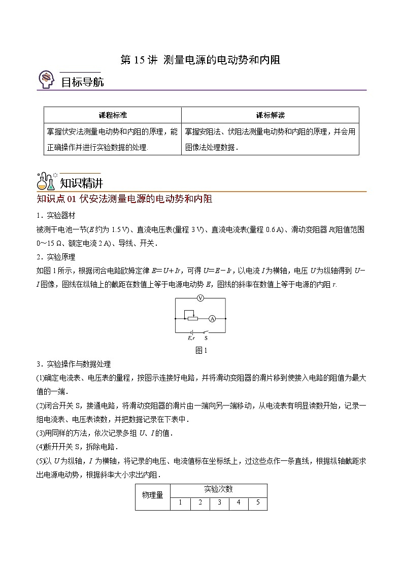 2023-2024学年高二物理同步精品讲义(粤教版2019必修第三册) 第15讲 测量电源的电动势和内阻(原卷版+解析)01