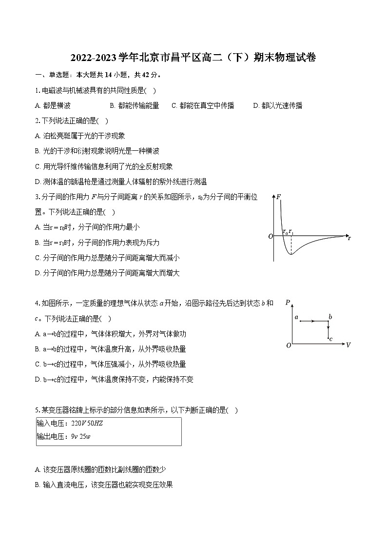 2022-2023学年北京市昌平区高二(下)期末物理试卷(含详细答案解析)01