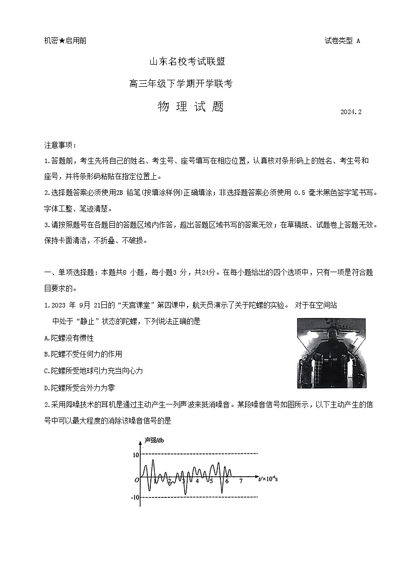 2024山东省名校联盟高三下学期开学考试物理试题第1页