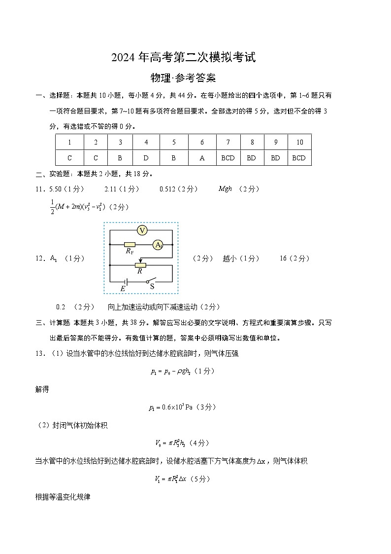 物理(安徽卷)2024年高考第二次模拟考试答案第1页