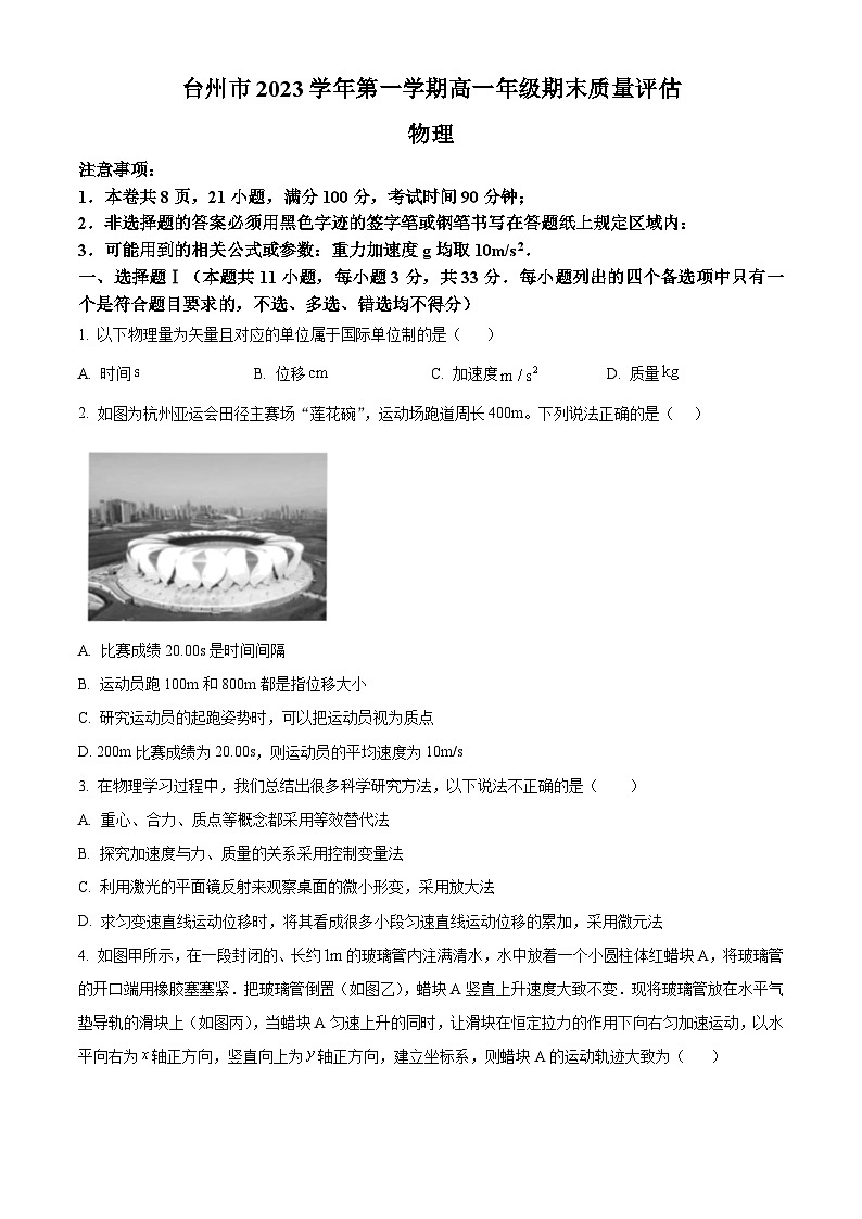 2024台州高一上学期期末考试物理含解析01