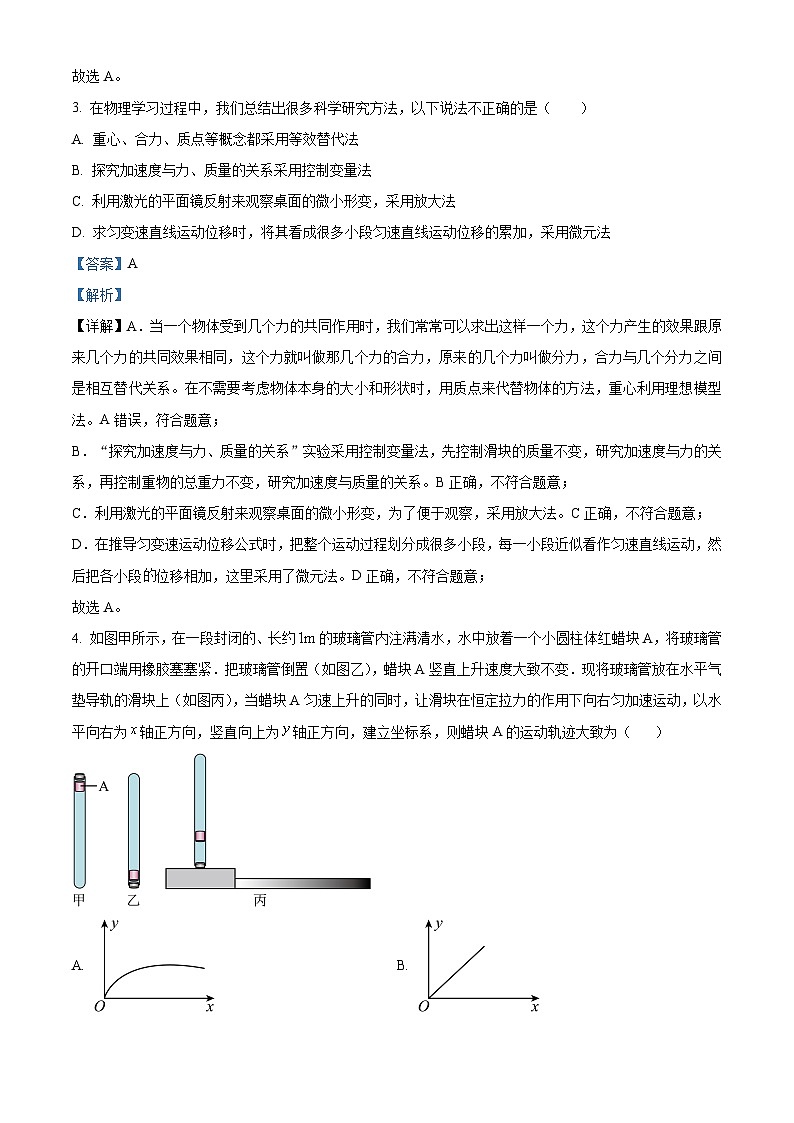 2024台州高一上学期期末考试物理含解析02