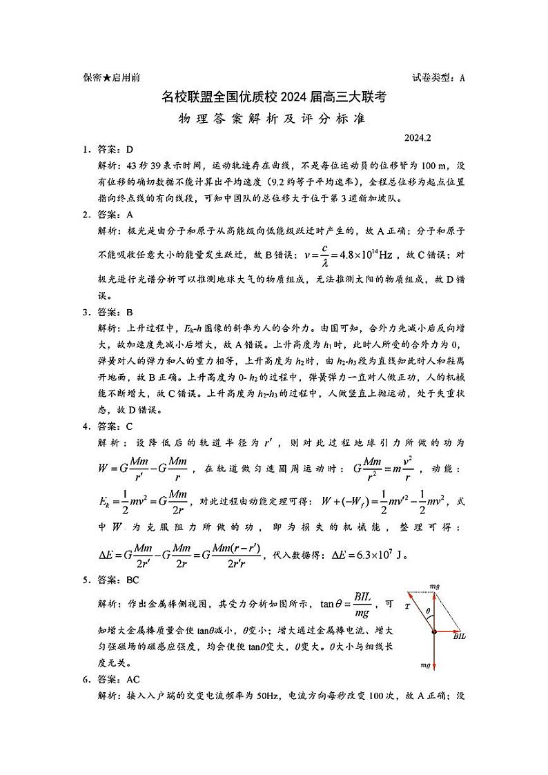 2024届福建省名校联盟全国优质校高三上学期2月大联考 物理答案第1页