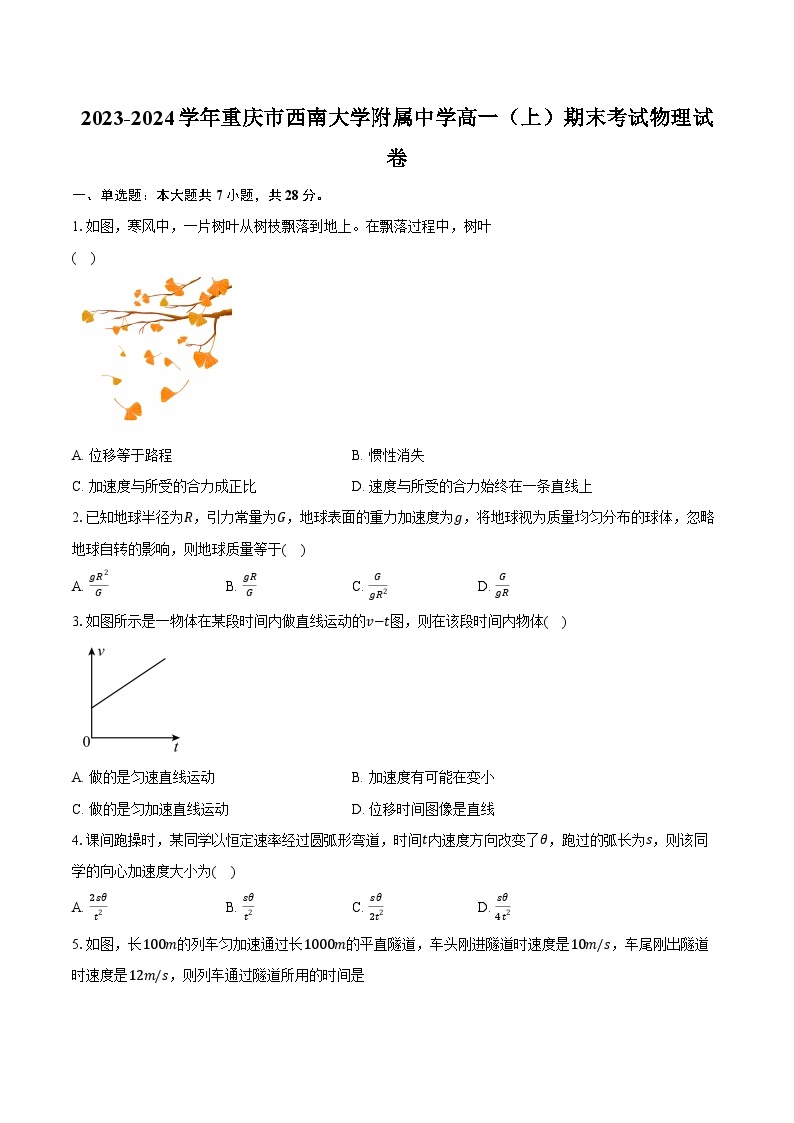 2023-2024学年重庆市西南大学附属中学高一（上）期末考试物理试卷（含解析）01