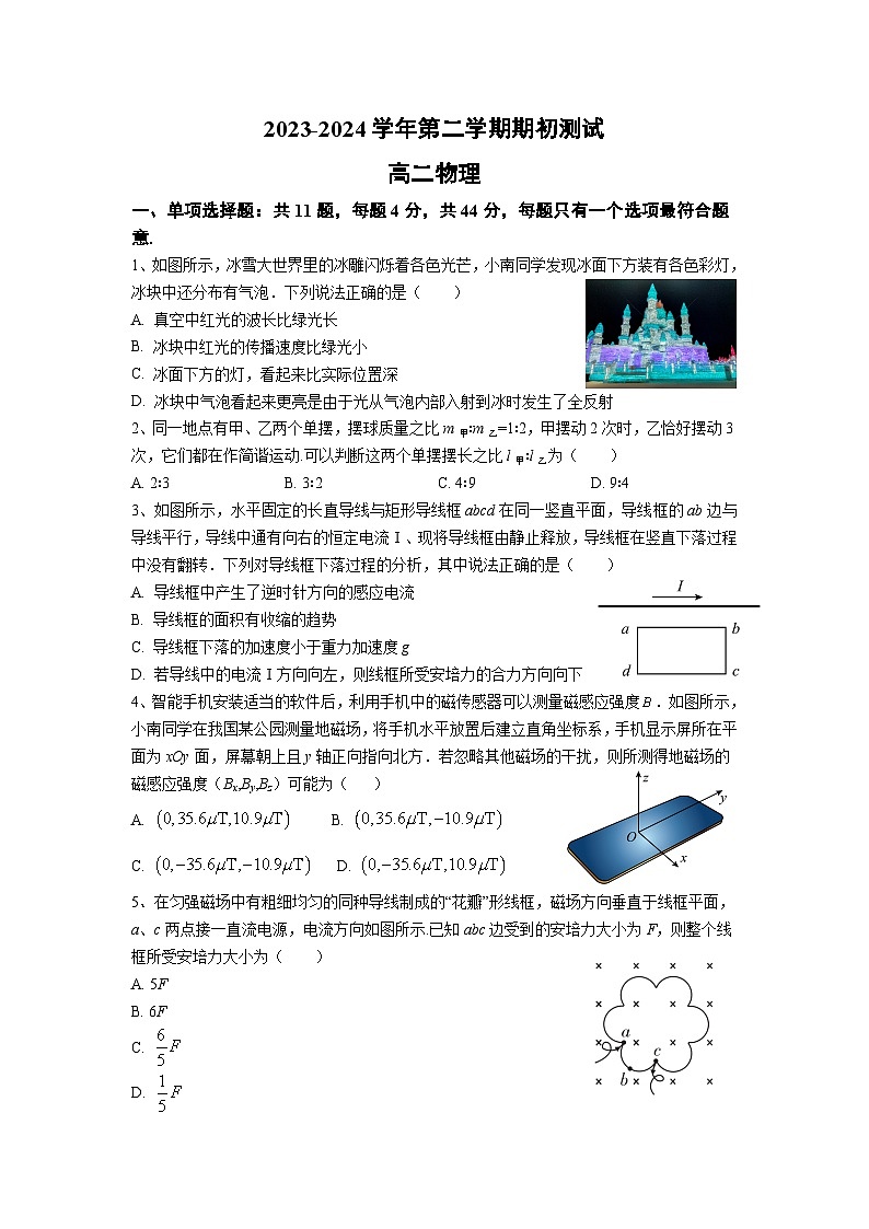 江苏省南京市五校2023-2024学年高二下学期期初调研测试物理试卷和答案01