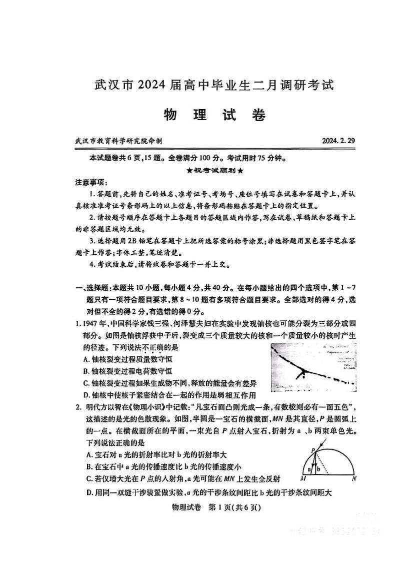 2024武汉高三年级二月调研考试物理试卷含答案01