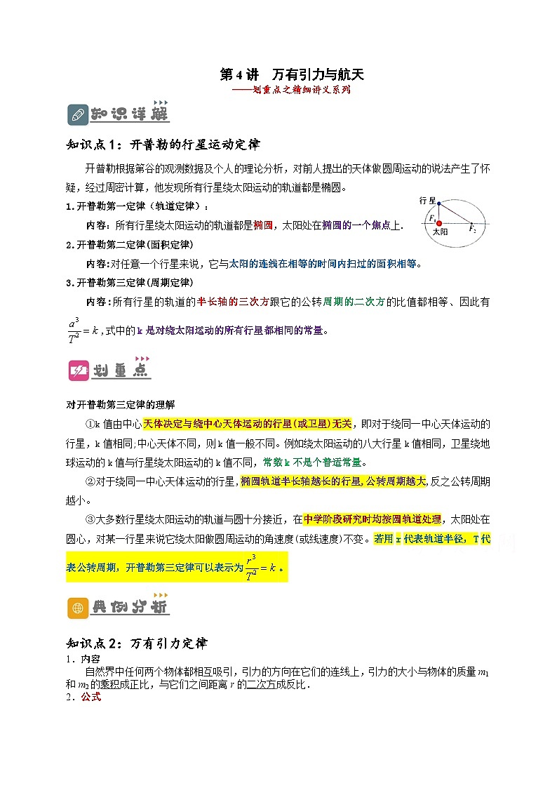 高一物理下学期期末复习精细讲义(人教2019)第4讲 万有引力与航天(原卷版+解析)01