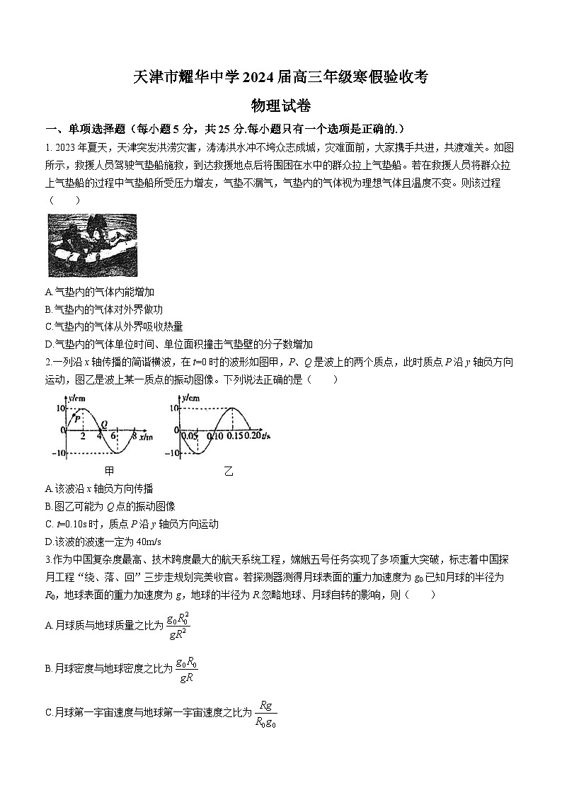 天津市耀华中学2023-2024学年高三下学期寒假验收考(开学考试)物理试卷(无答案)第1页