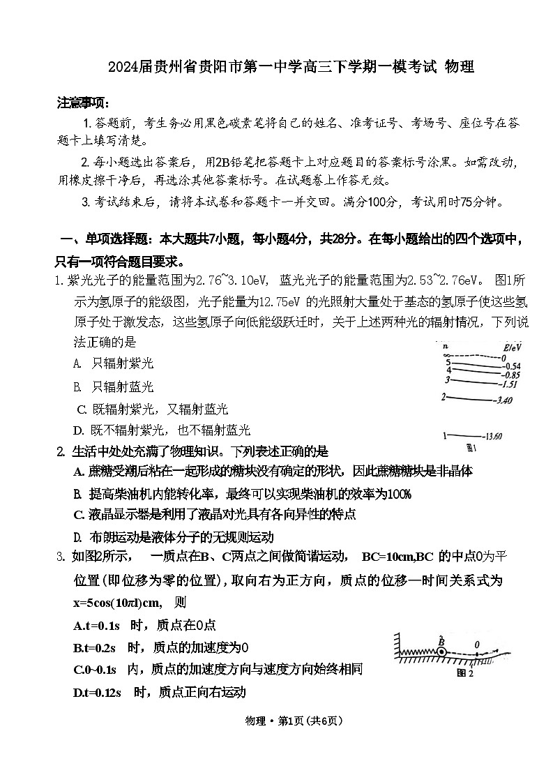 2024届贵州省贵阳市第一中学高三下学期一模考试 物理 (解析版)01