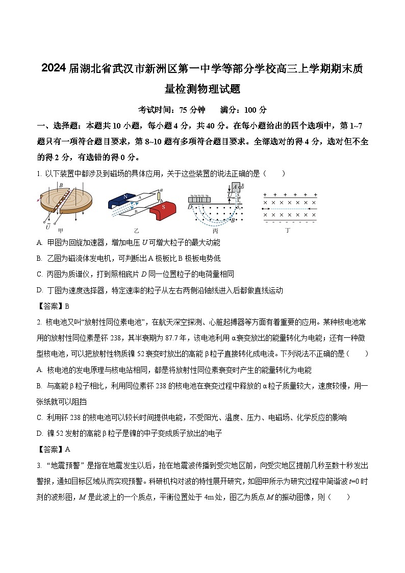 2024届湖北省武汉市新洲区第一中学等部分学校高三上学期期末质量检测物理试题(Word版)01