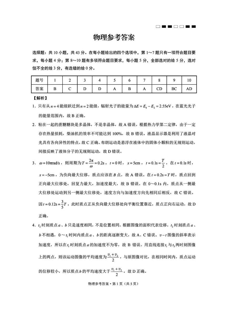 贵州省贵阳市第一中学2023-2024学年高三下学期一模考试 物理答案01