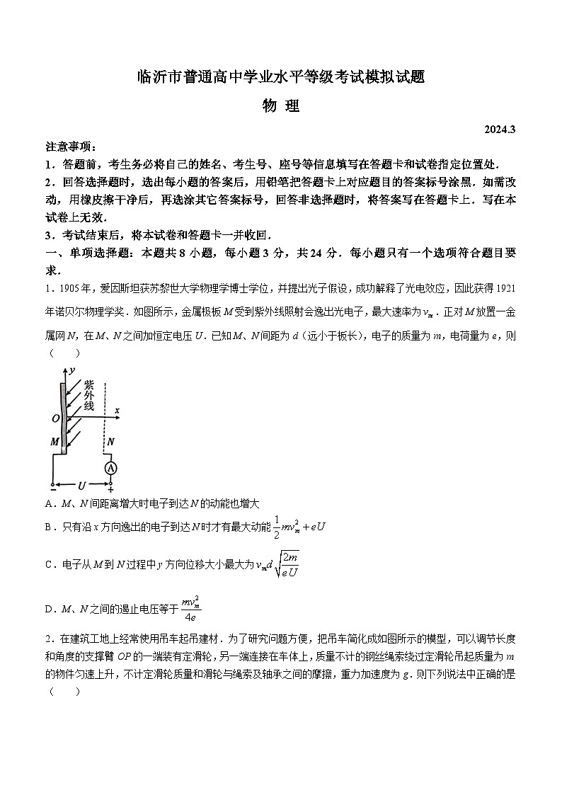 2024届山东省临沂市普通高中高三下学期3月学业水平等级考试模拟物理试题第1页