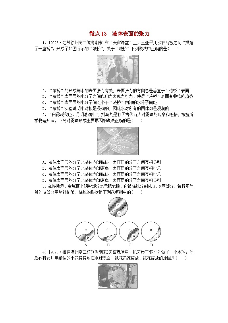 2023版新教材高中物理第二章气体固体和液体微点13液体表面的张力课时作业新人教版选择性必修第三册第1页