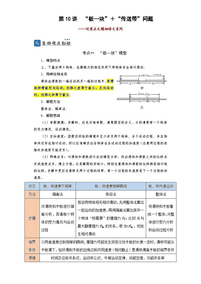 2024年高考一轮复习精细讲义第10讲 “板—块”+“传送带”问题(原卷版+解析)第1页