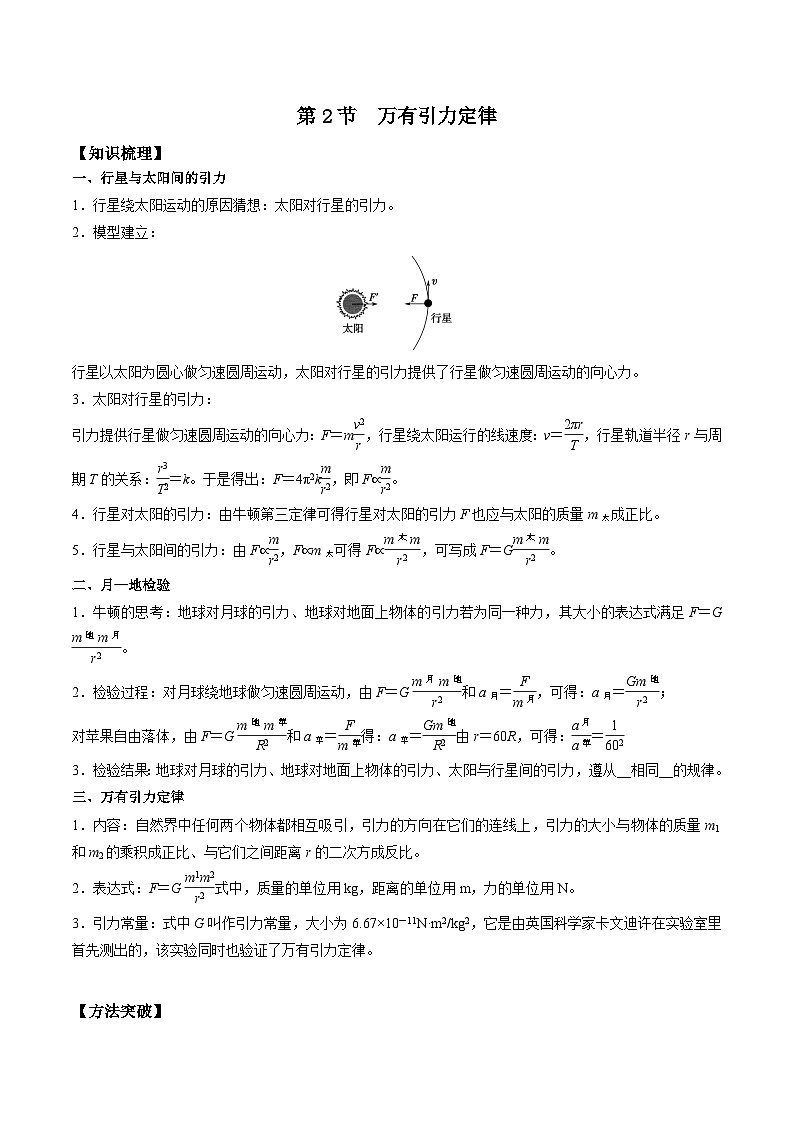 人教版2019必修第二册高一物理同步练习7.2万有引力定律(原卷版+解析)01
