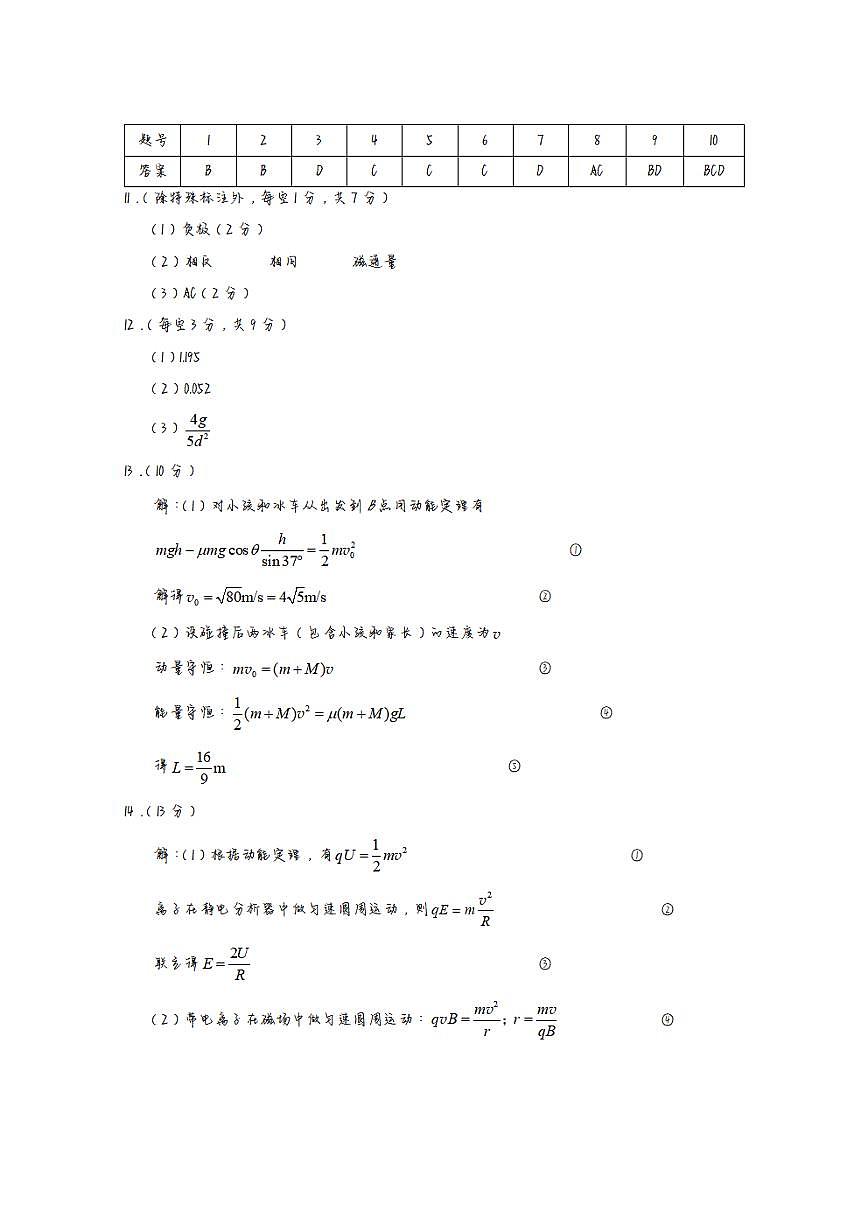 2024届巴蜀中学高三下学期高考适应性月考物理答案第1页