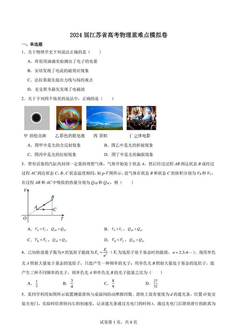 2024届江苏省高考物理重难点模拟卷第1页