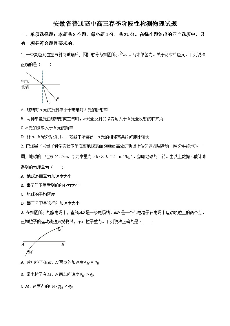 安徽省池州市2023-2024学年高三下学期开学考试物理试题 Word版无答案第1页