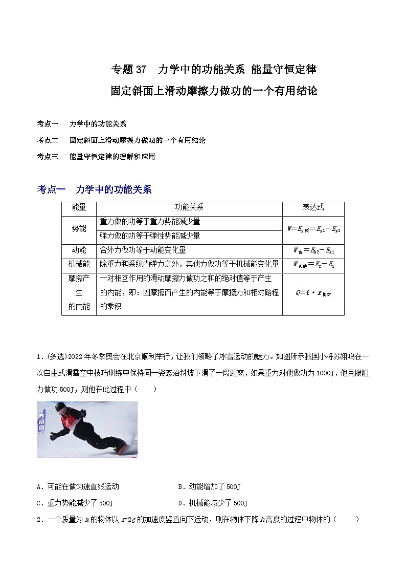 专题37力学中的功能关系 固定斜面上滑动摩擦力做功的一个有用结论 能量守恒定律(原卷版)第1页
