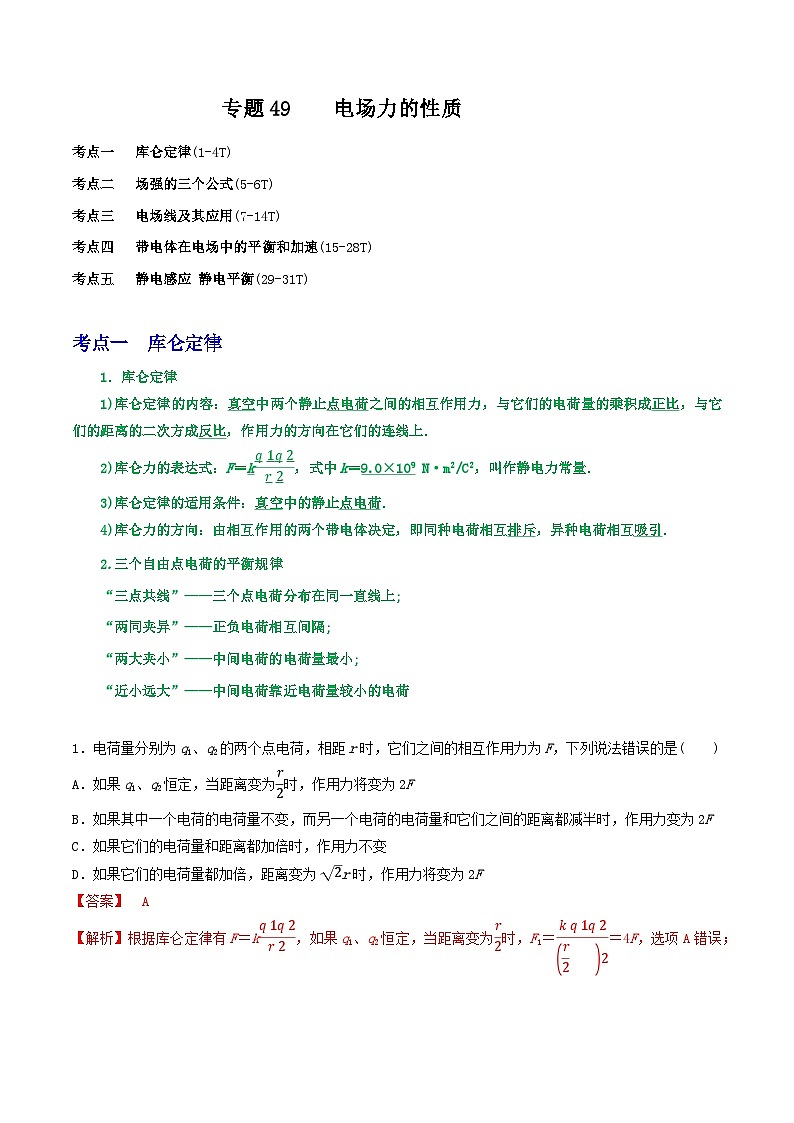 专题49电场力的性质-2023届高三物理一轮复习重难点逐个突破01