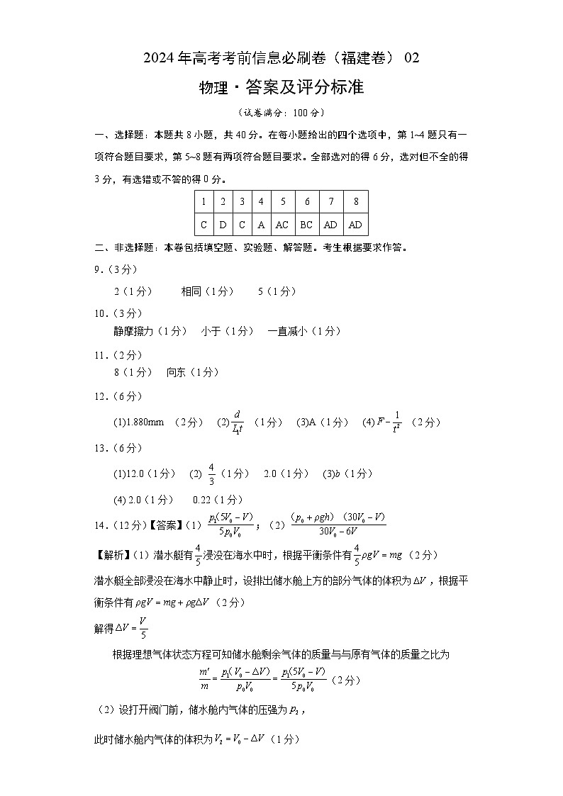 2024年高考物理考前信息必刷卷(福建卷)02(参考答案)第1页