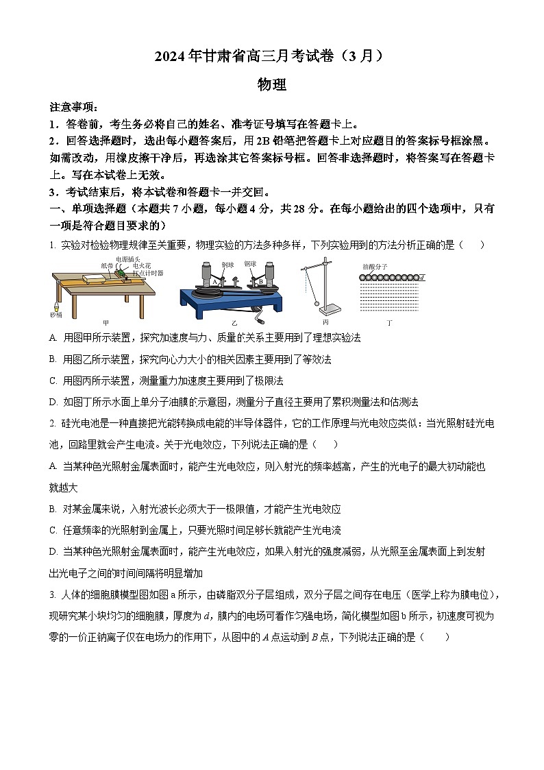2024届甘肃省高三下学期一模物理试题(原卷版+解析版)01