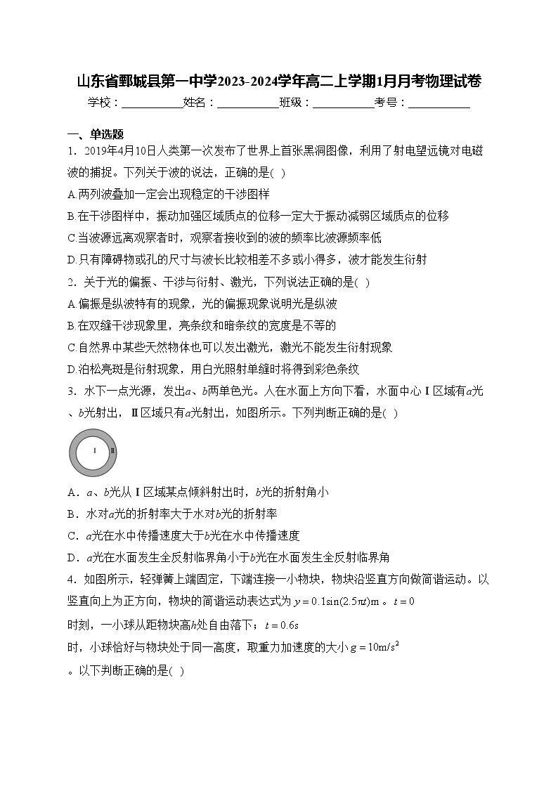 山东省鄄城县第一中学2023-2024学年高二上学期1月月考物理试卷(含答案)