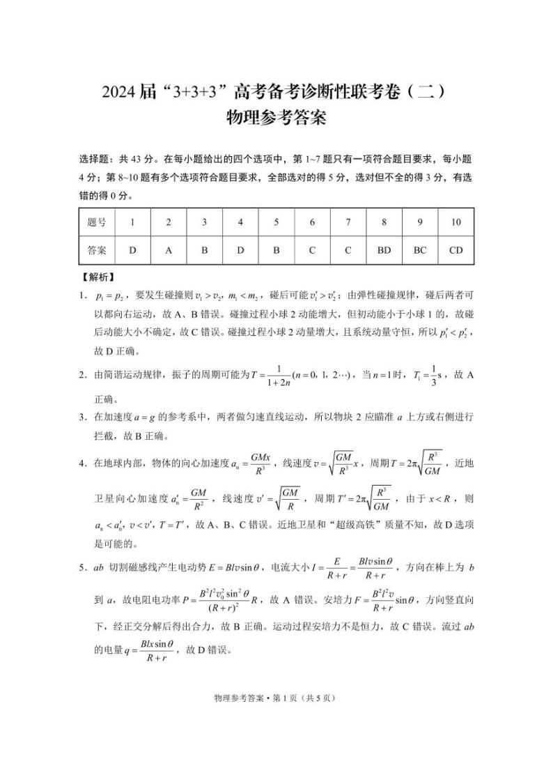 2024届贵州省“3+3+3”高考备考诊断性联考物理试题（二）01