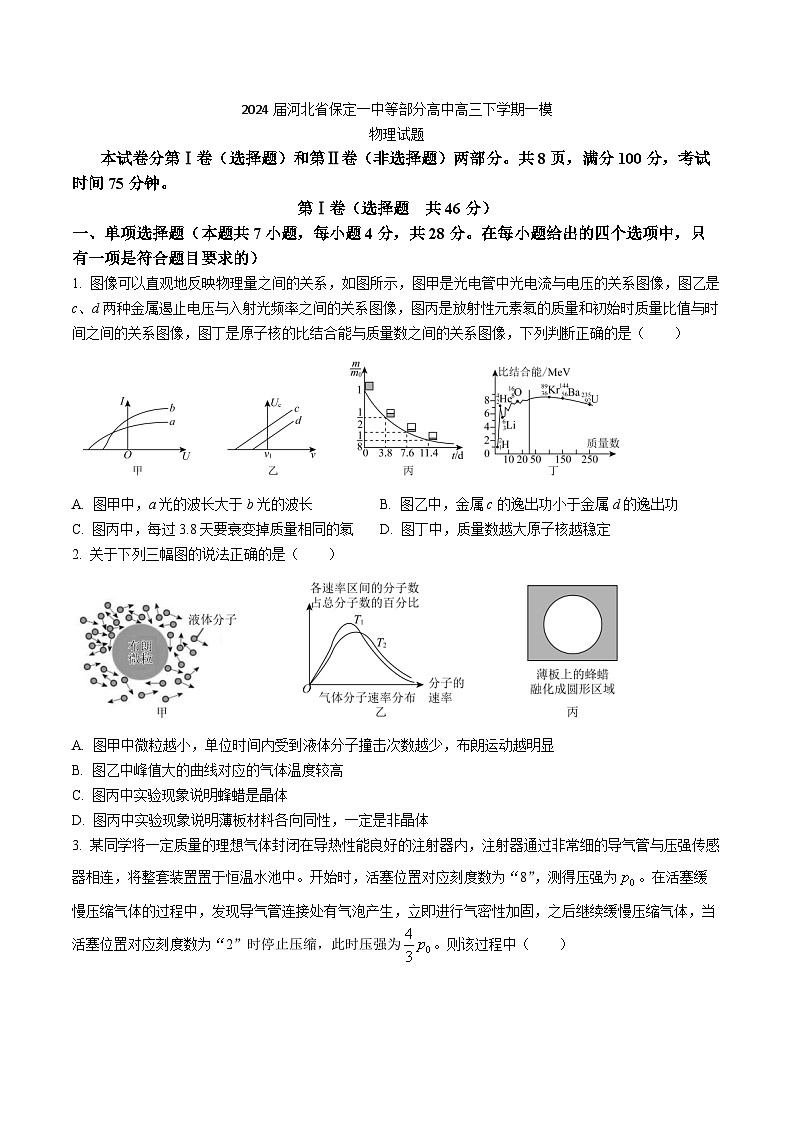 2024届河北省保定一中等部分高中高三下学期一模物理试题(Word版)01