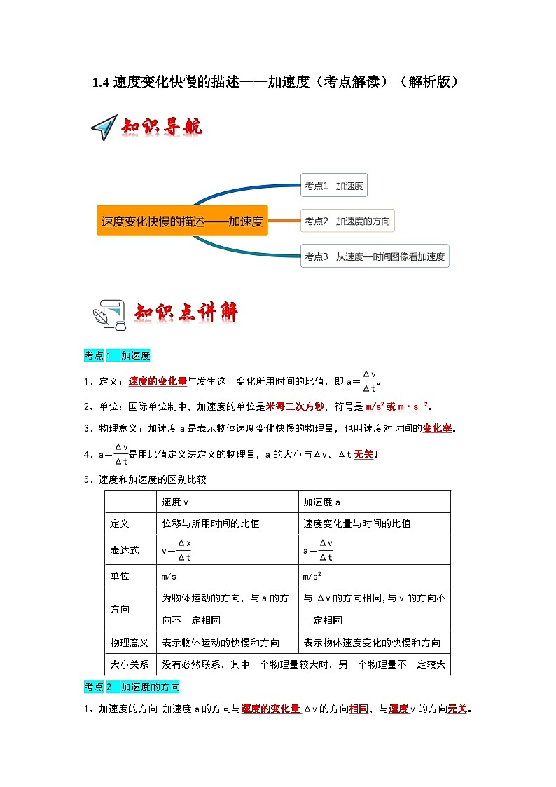 1.4速度变化快慢的描述——加速度(考点解读)-2024-2025学年高中物理同步高频考点专题训练(人教版必修第一册)01