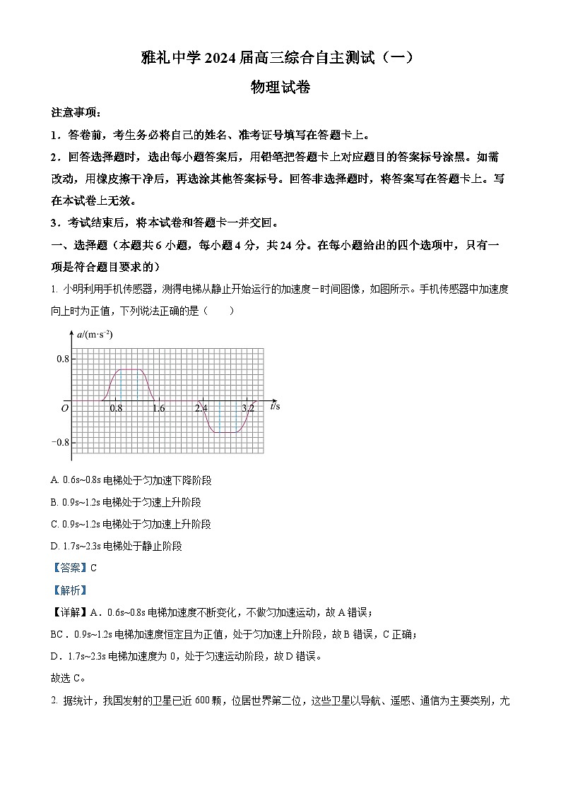 湖南省长沙市雅礼中学2024届高三下学期3月综合测试(一)物理试题 Word版含解析第1页