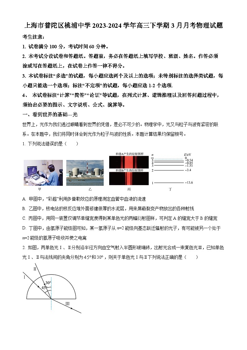 精品解析:上海市普陀区桃浦中学2023-2024学年高三下学期3月月考物理试题(解析版)第1页
