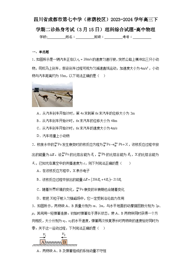 四川省成都市第七中学(林荫校区)2023-2024学年高三下学期二诊热身考试物理试题及答案第1页