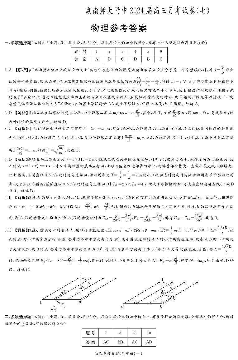 物理答案(附中七次)第1页