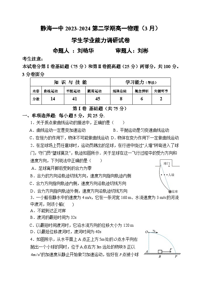 2024天津静海区一中高一下学期3月月考试题物理含答案第1页
