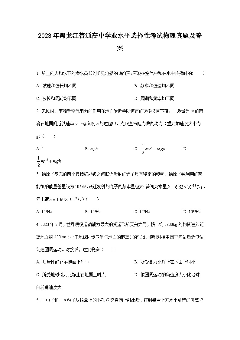 2023年黑龙江普通高中学业水平选择性考试物理真题及答案01