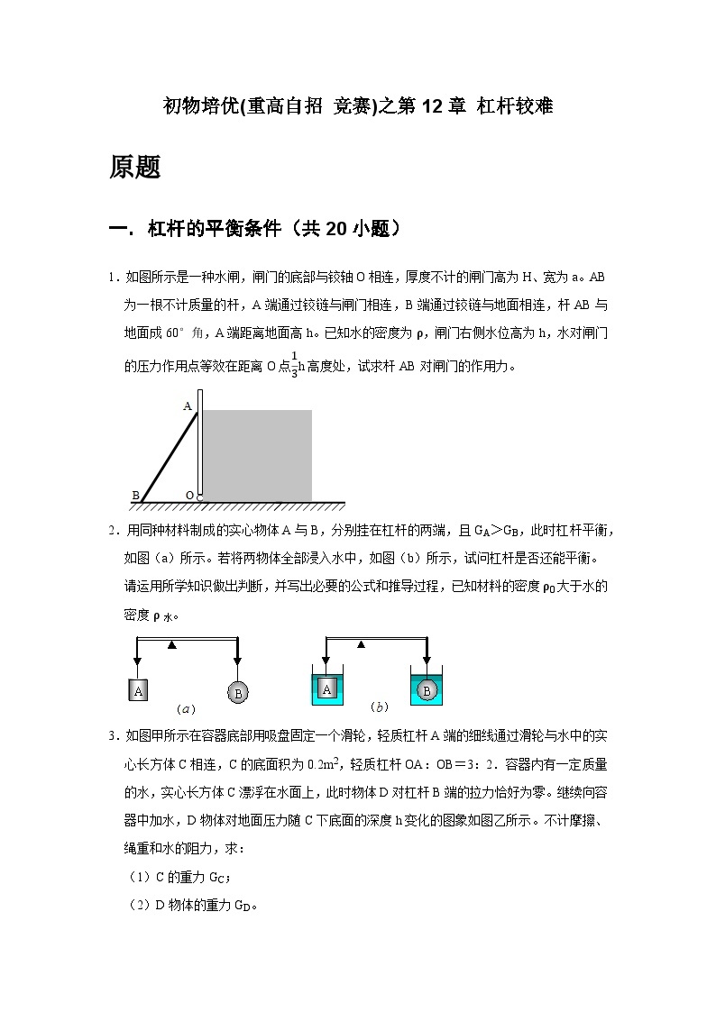 物理培优(重点高中自主招生竞赛)第12章 杠杆较难   难题练习   （附答案解析）02