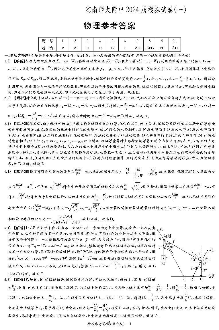 湖南省长沙市第一中学2023-2024学年高三下学期月考(八)物理答案第1页